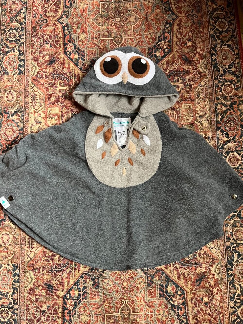 Official "Ponchies For Kids" Grey Owl Fleece Car Seat Cloak - Like New Size 2-4Y